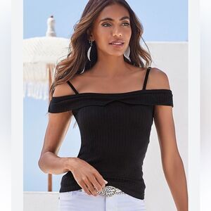 LASCANA Women's Ribbed Cold Shoulder Top Black Size 8/10